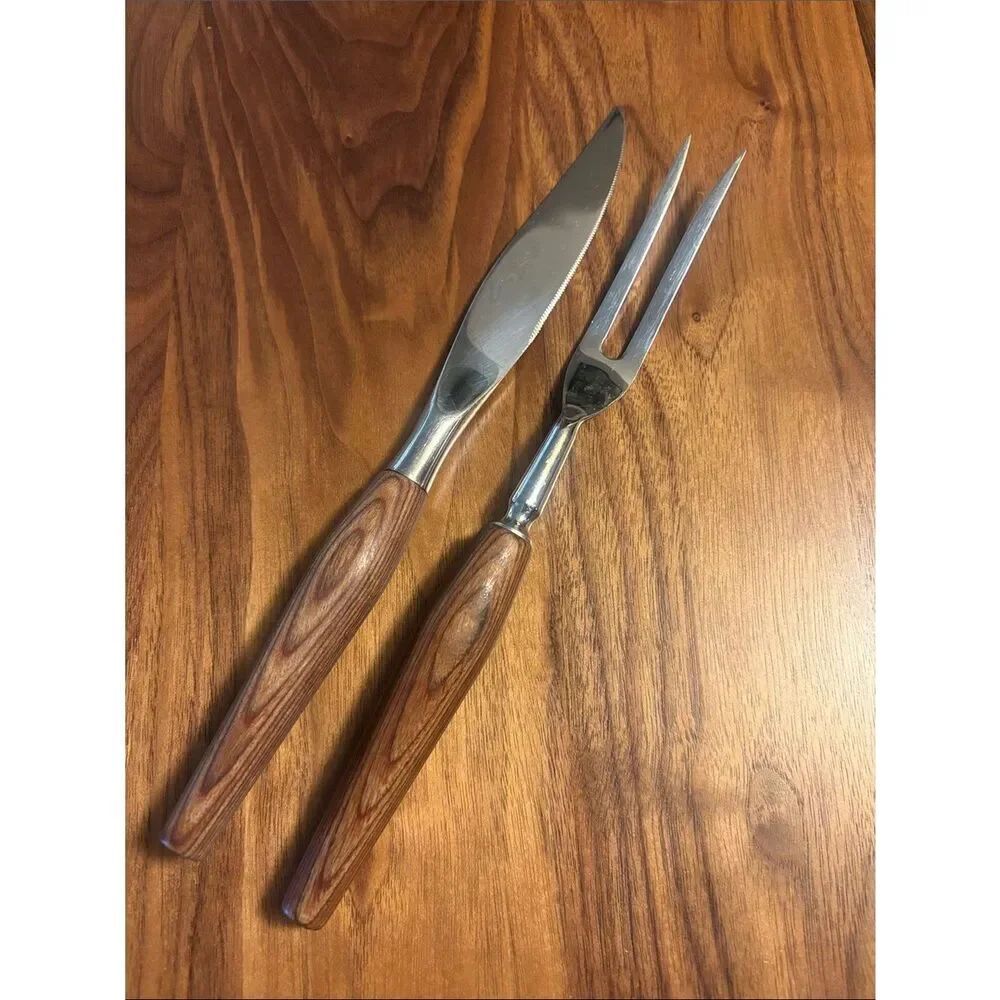 Vintage Mode Danish Wood-Handle Carving Set - Knife & Fork